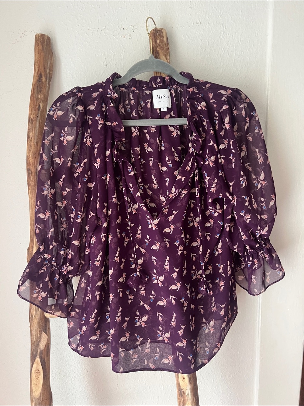 Misa Los Angeles Plum Boho Sheer Floral Puff Sleeve Flowy Ruffle Blouse Small